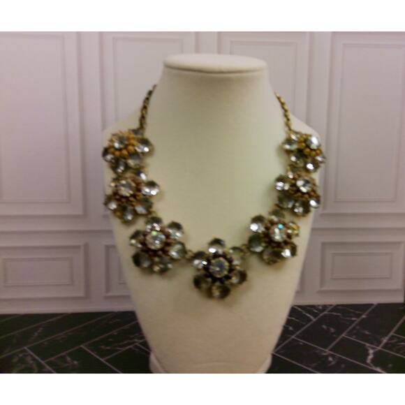 J Crew Bold Statement Rinestone Flowers Necklace - Picture 1 of 8